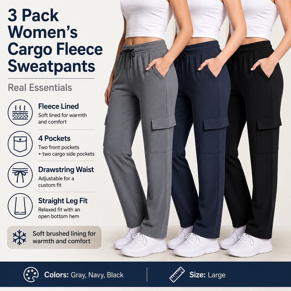 Real Essentials 3 Pack Womens Cargo Fleece Sweatpants Gray Navy Black Large